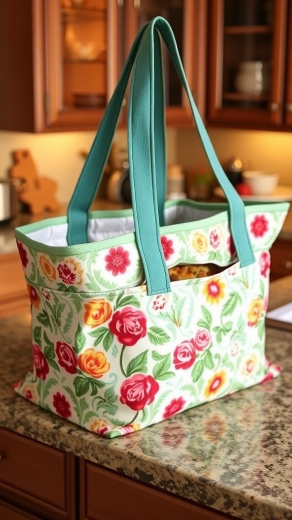 A colorful casserole tote with a casserole dish, set on a kitchen counter.